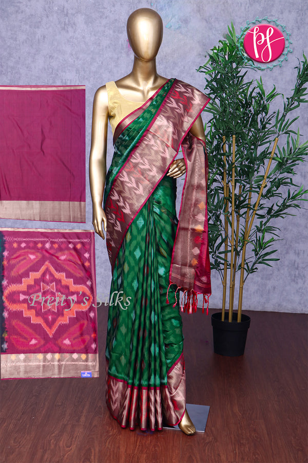 Semi Ikkat Pochampally silk saree-PA03525-Bottlegreen-mejentapink