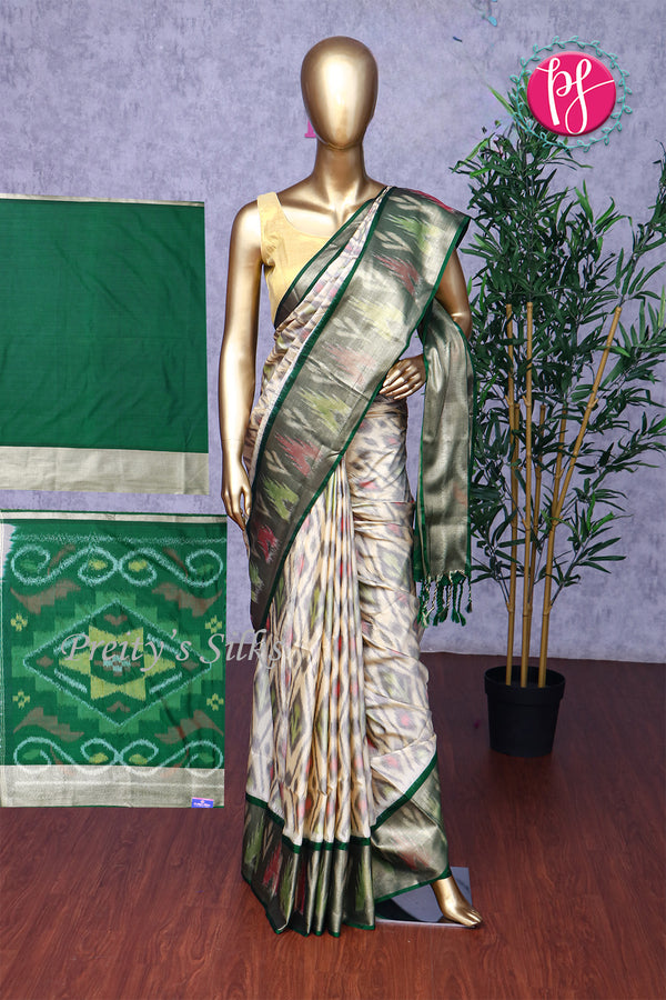 Semi Ikkat Pochampally silk saree-PA03525-Halfwhite And Bottlegreen