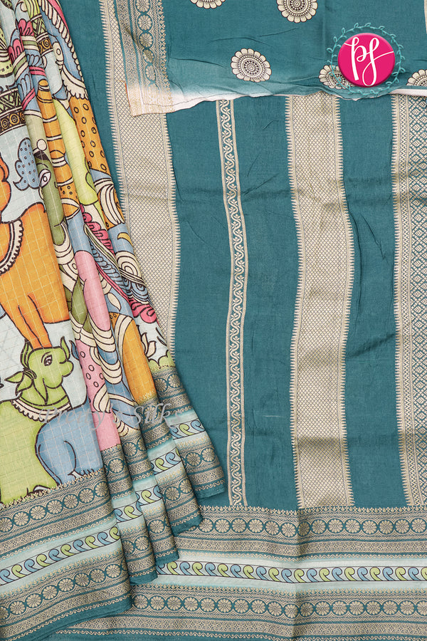 Russian Silk Saree with Check & Kalamkari Print