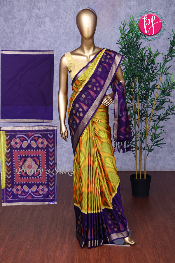 Semi Ikkat Pochampally silk saree-Mustard Yellow And Purple-PA03525