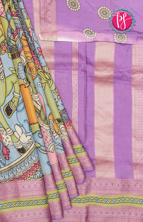 Russian Silk Saree with Check & Kalamkari Print