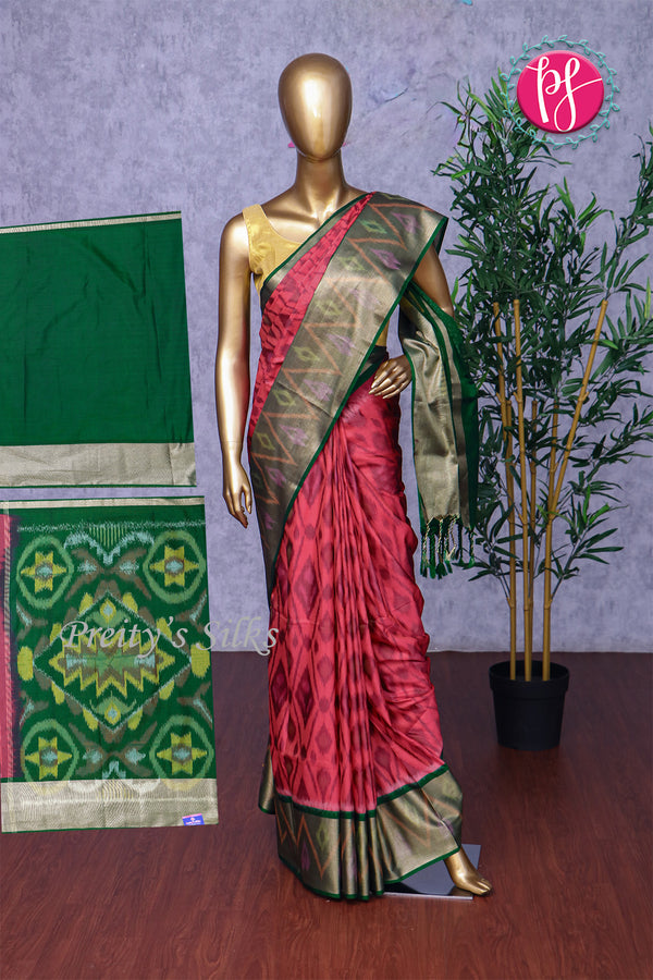 Semi Ikkat Pochampally silk saree-Red And BottleGreen-PA03525