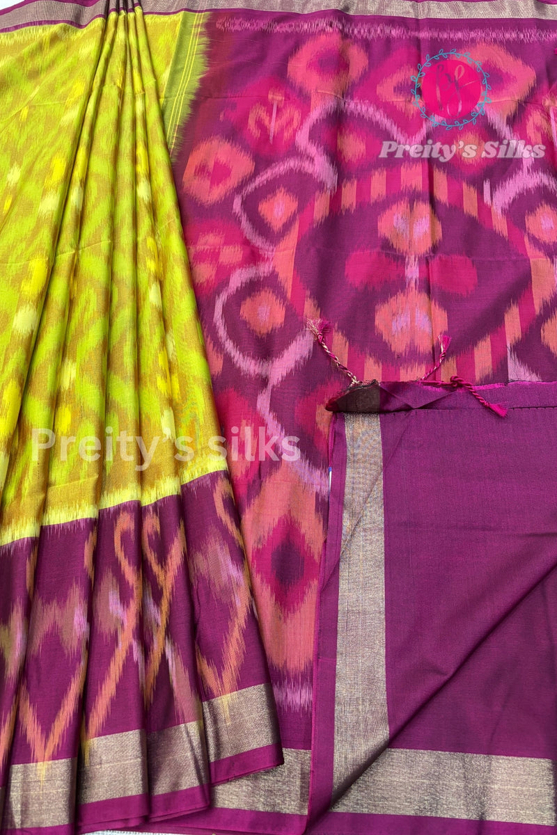 Semi Pochampally Soft Silk Saree-PF44590 - Olive Green with Magenta Pink