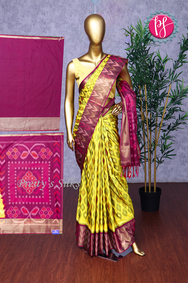 Semi Ikkat Pochampally Silk Saree-PA03525-Olivegreen And Mejentapink