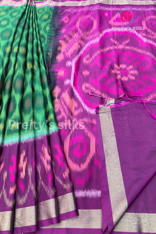Semi Pochampally Soft Silk Saree -PF44595 - Bottle Green with Magenta Pink