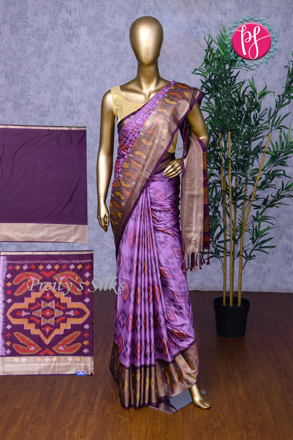 Semi Ikkat Pochampally Silk saree-PA03525-Lavender And Purple