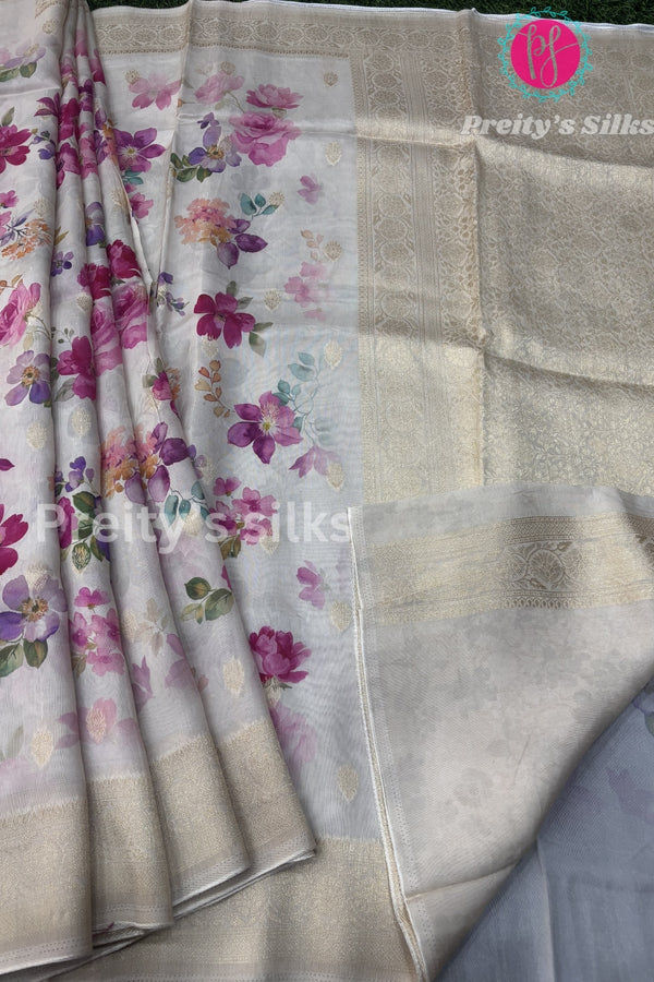Tussar Silk Saree with Floral Print-PF58917