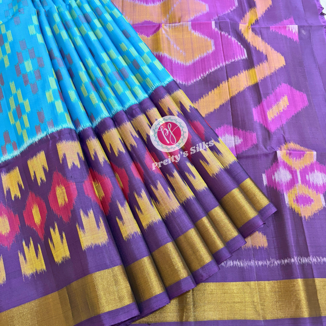 Pure Pochampally soft silk-Blue with Purple -PF03799
