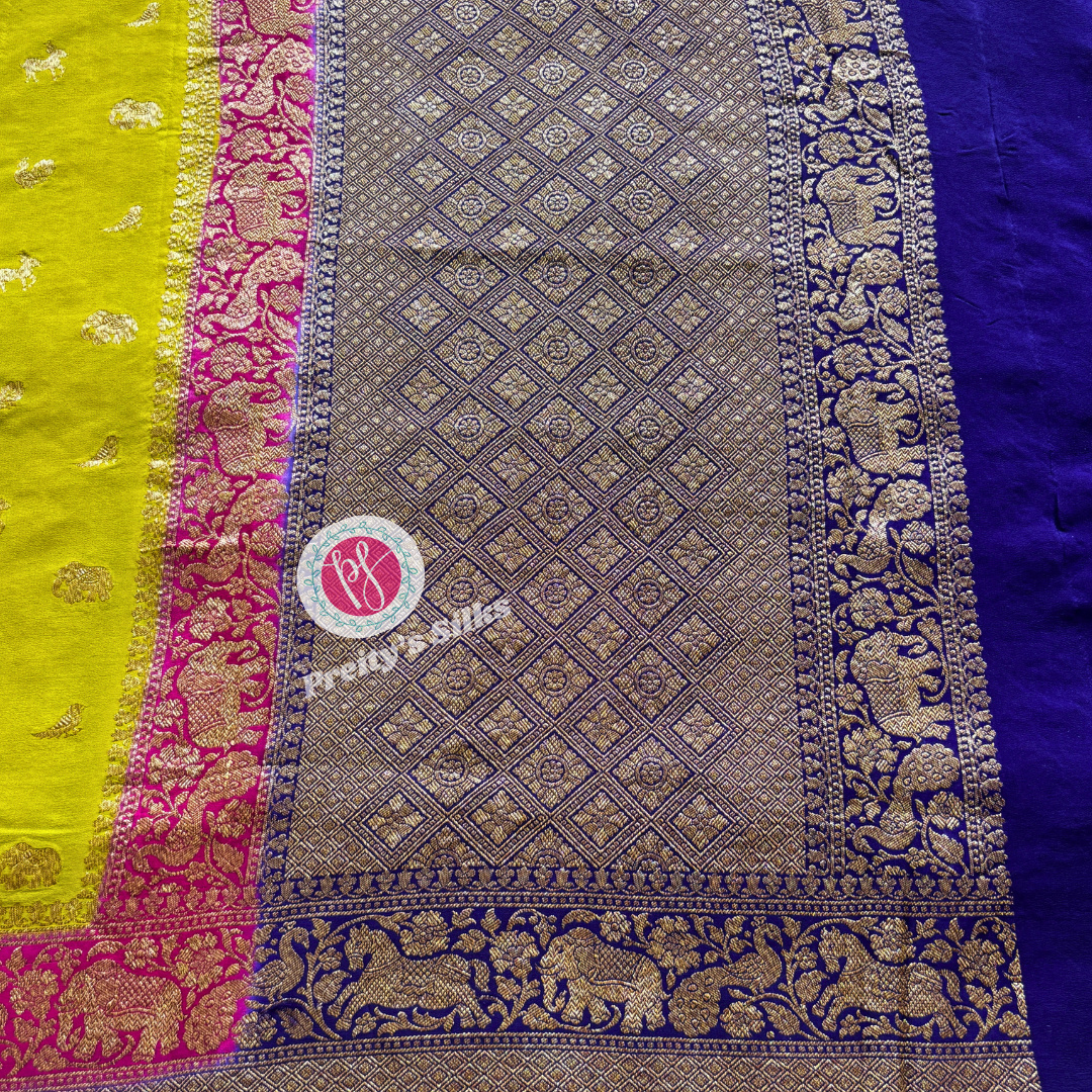 Pure Khaddi Banarasi crepe-Olive green,pink and blue
