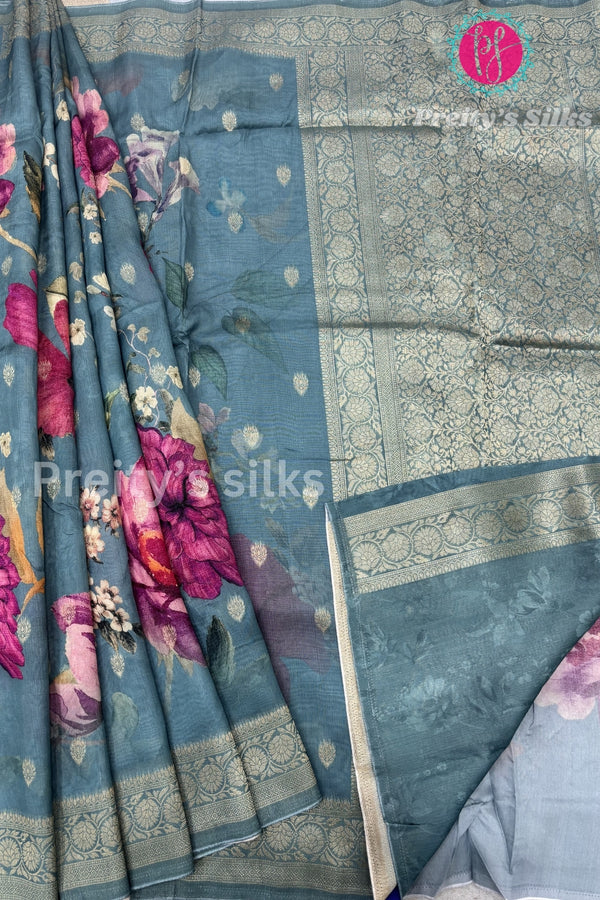 Tussar Silk Saree with Floral Print-PF58917