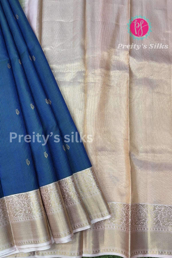Pure Kanchipuram Silk Saree-Denim blue And Lightpink-PF75964