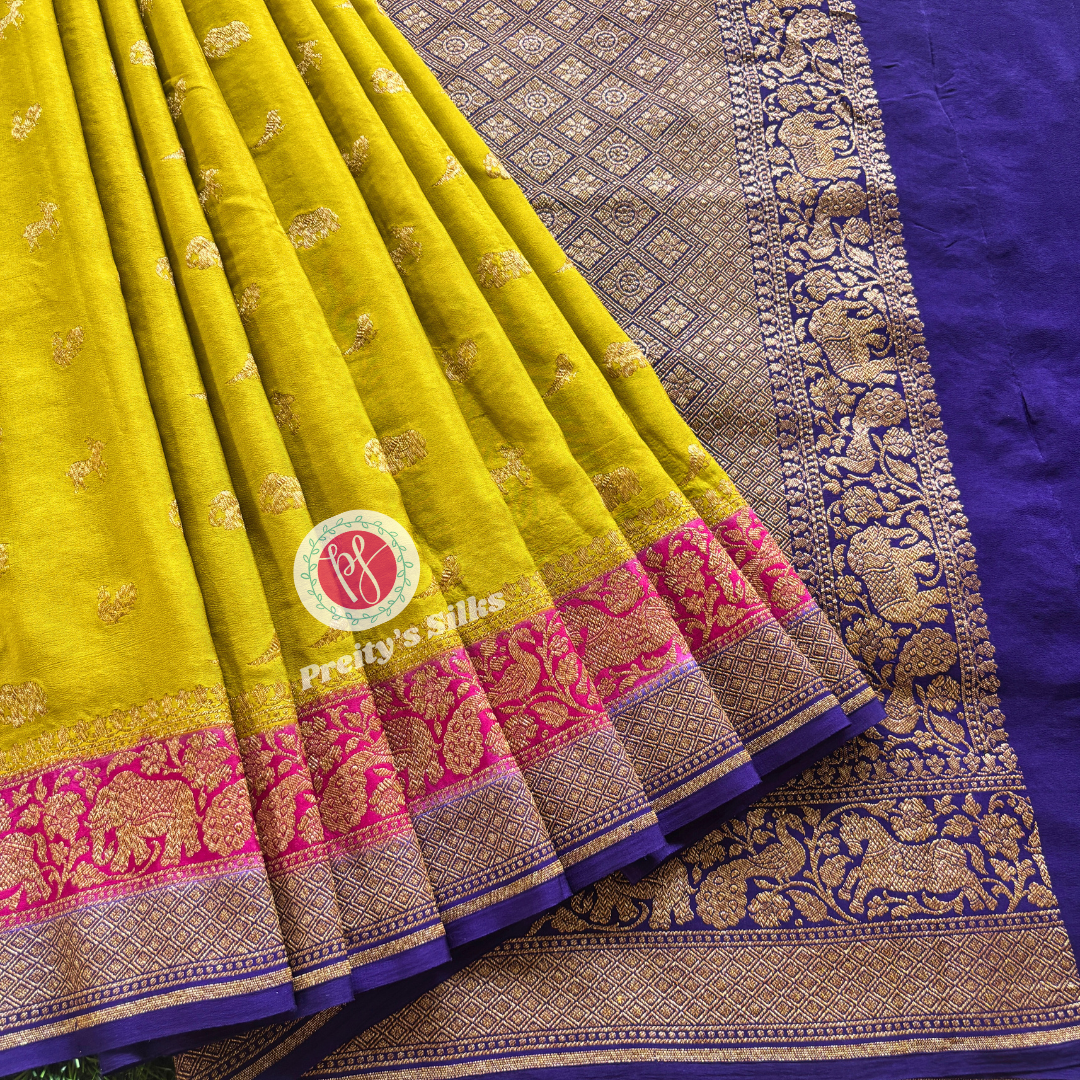 Pure Khaddi Banarasi crepe-Olive green,pink and blue