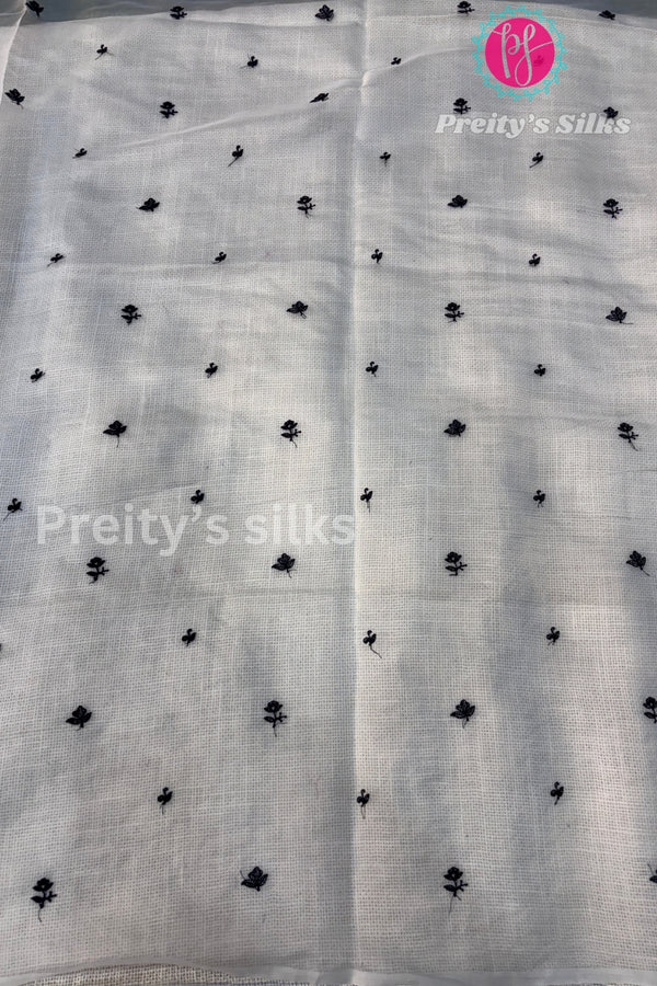 Organza silk with embroidery design - Half White with Black embroidery design-PF64748