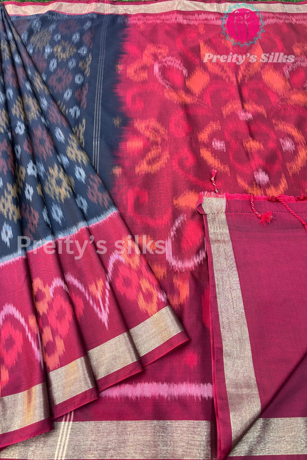 Semi Pochampally Soft Silk Saree-PF44597 - Black with Maroon