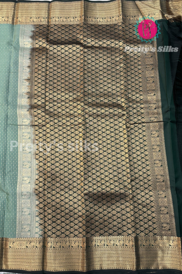 Half Pure Kanchipuram Silk Saree-Dark Grayish-green And Peacockblue-PF81379