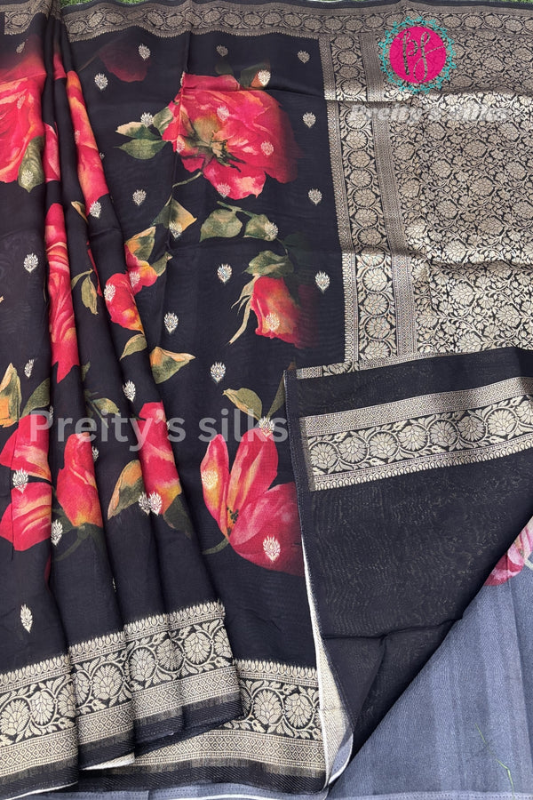 Tussar Silk Saree with Floral Print-PF58917