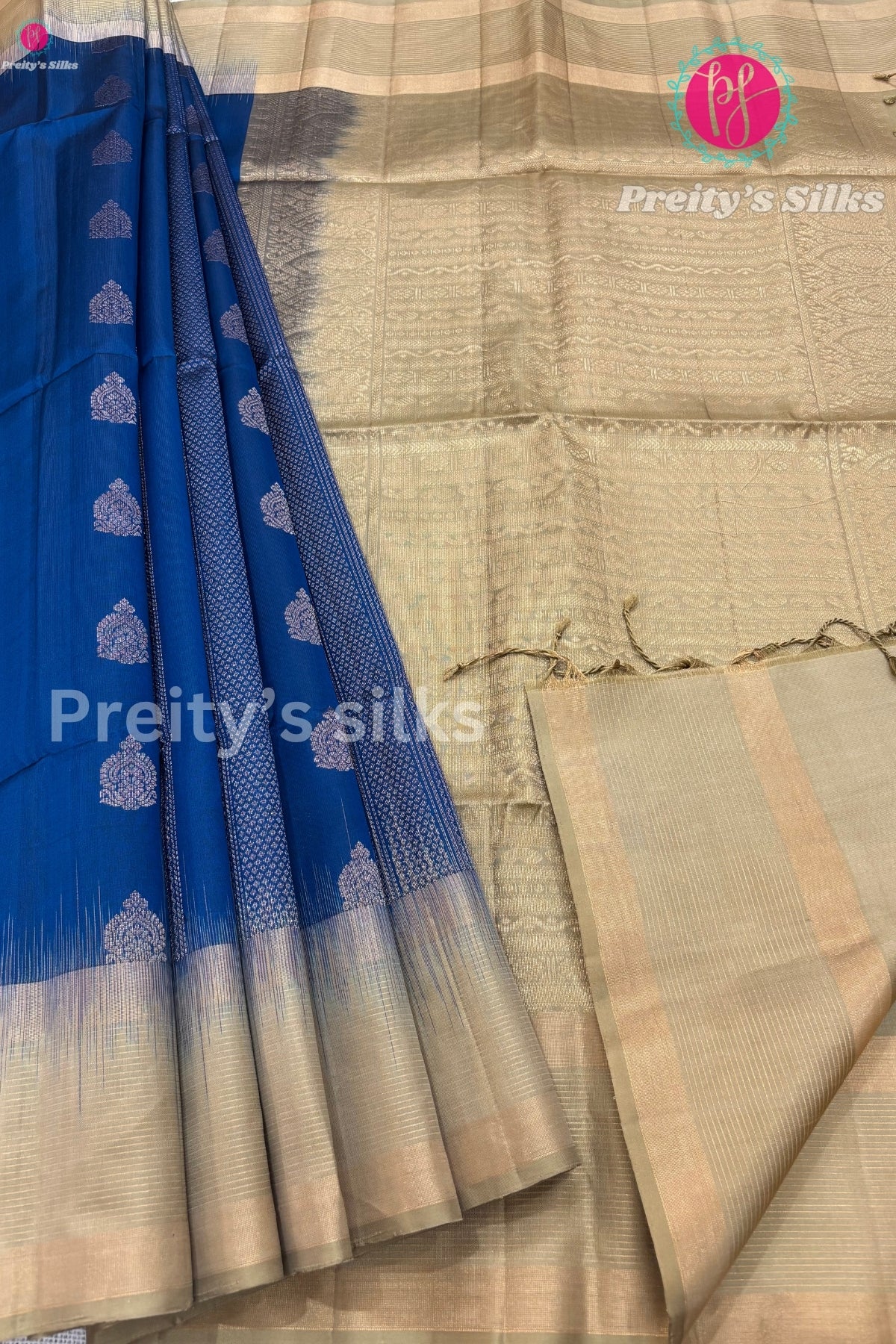 Pure Kanchipuram Soft Silk Saree -Peacock Blue with Beige-PF46171