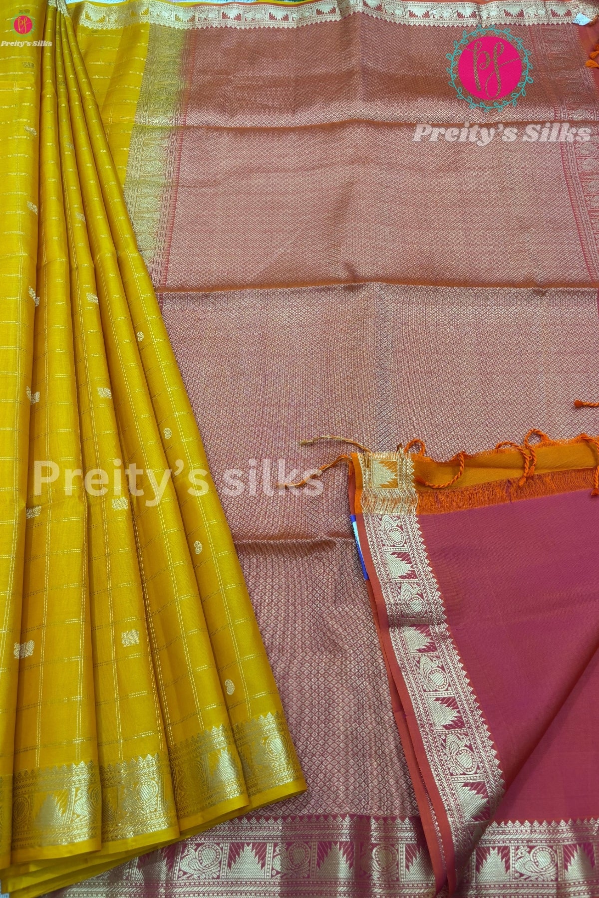 Pure Handloom Kanchipuram Soft Silk Saree-Mustard Yellow with Ornagish Red- PF46174