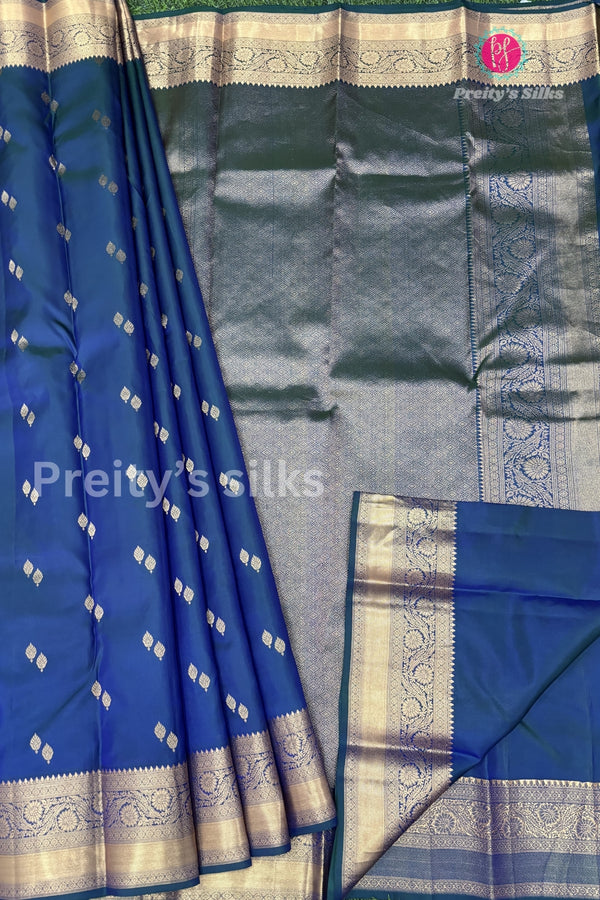 Half Pure kanchipuram Silk Saree-PA04343-Peacockblue