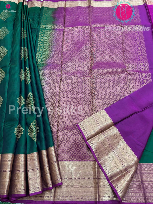 Half Pure Kanchipuram Silk Saree -Bottle Green with magenta Pink - PF12596