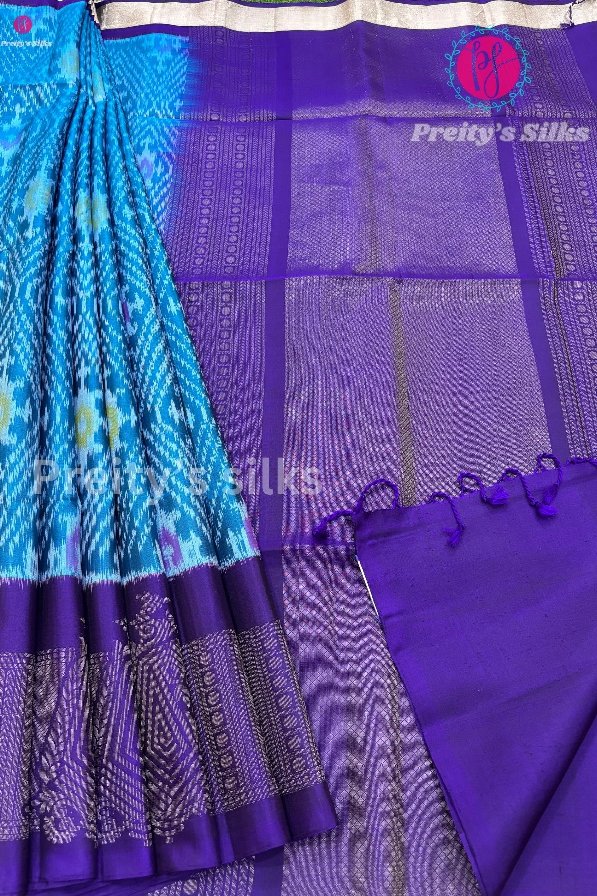 Pure Pochampally soft silk Saree-Deep Sky Blue with Purple-PF38064
