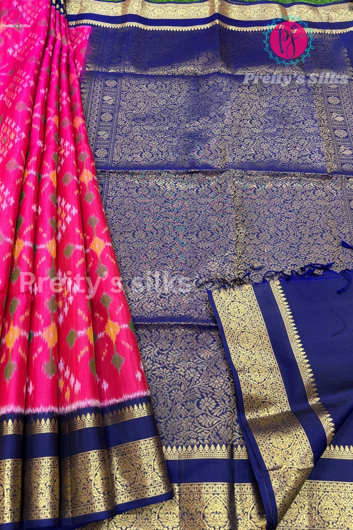 Pure Pochampally soft silk Saree- Pink with Navy Blue-PF38063