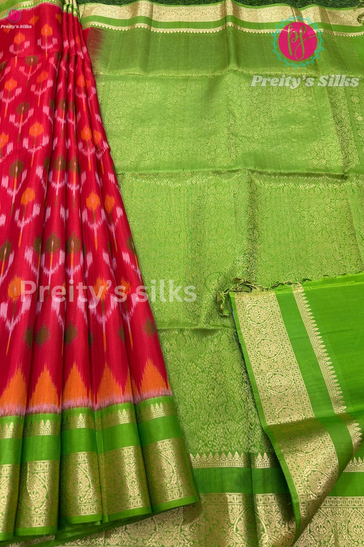 Pure Pochampally soft silk Saree- Red with Parrot Green-PF38065