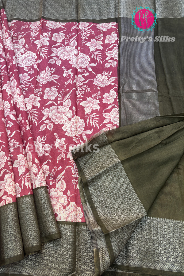 CHANDERI COTTON SILK SAREE- PY61971-Reddish pink with mehendi Green