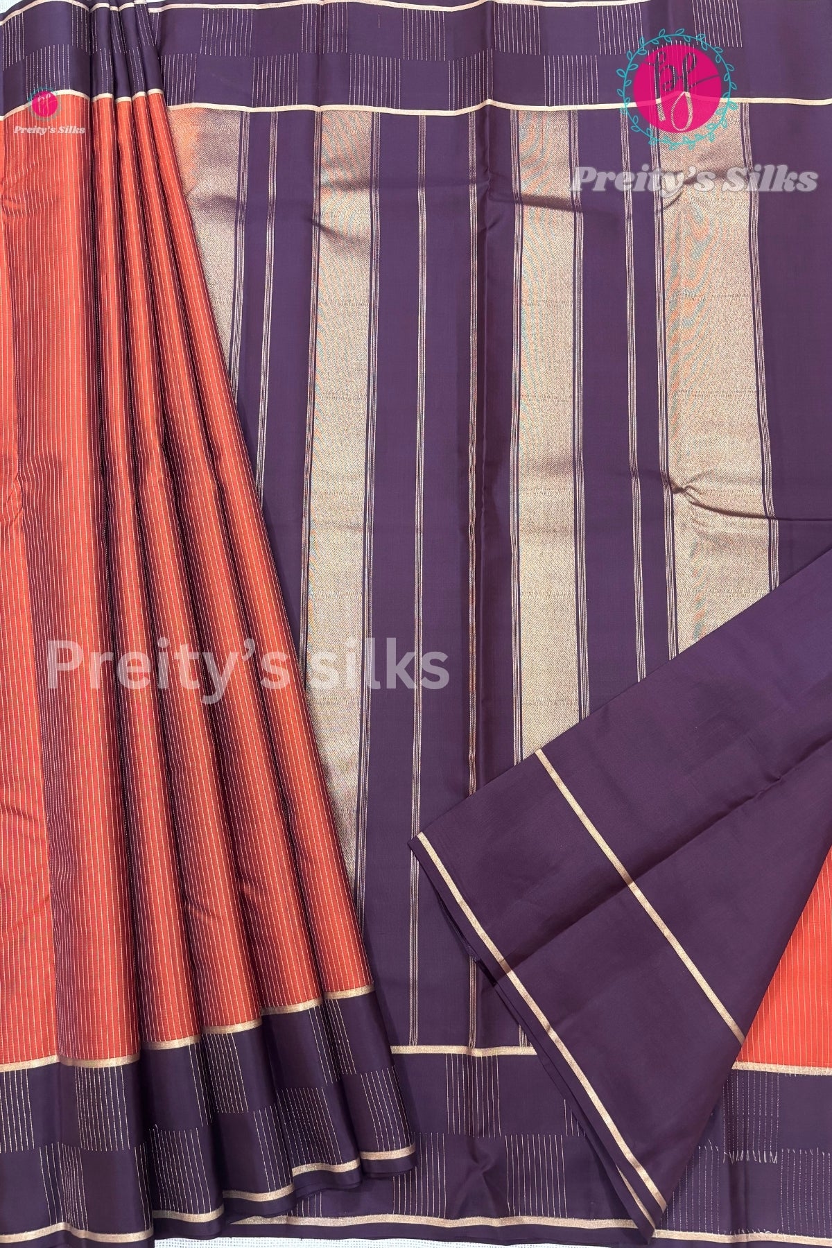 Half Pure Kanchipuram Silk Saree -Rust Orange with Deep Brown- PF47166