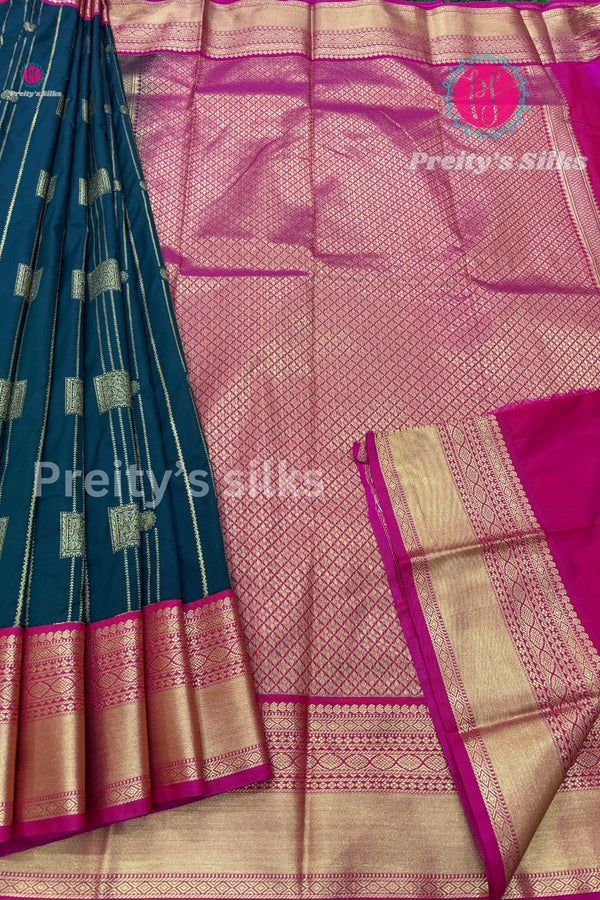 Semi Kanchipuram Silk Saree - Bottle Green with Pink -PF53728