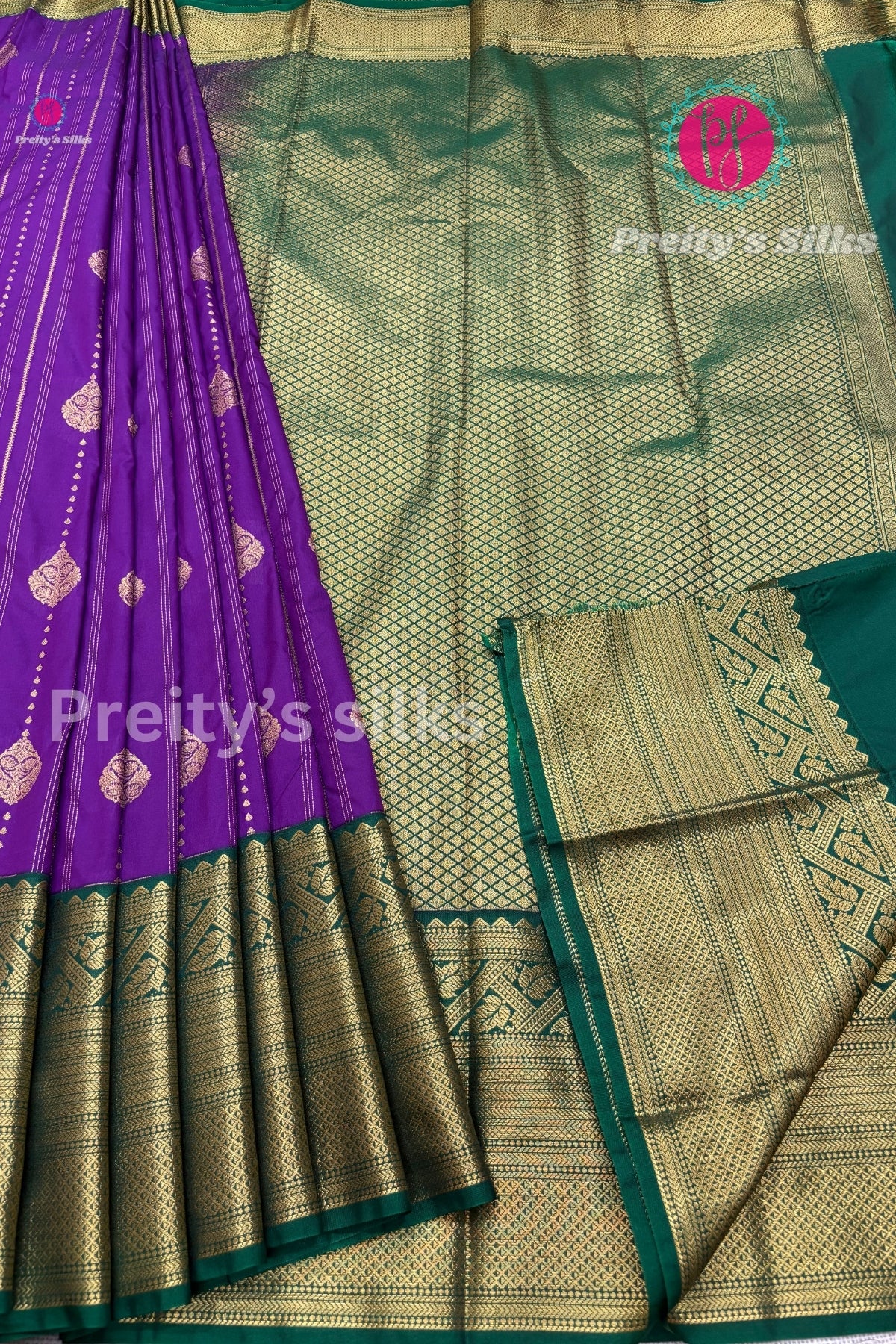 Semi Kanchipuram Silk Saree -Purple with Bottle Green-PF53733