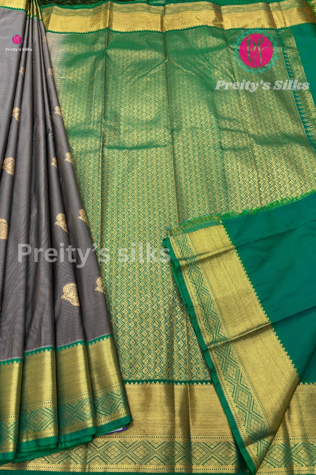 Semi Kanchipuram Silk Saree -Grey with Bottle Green-PF53721