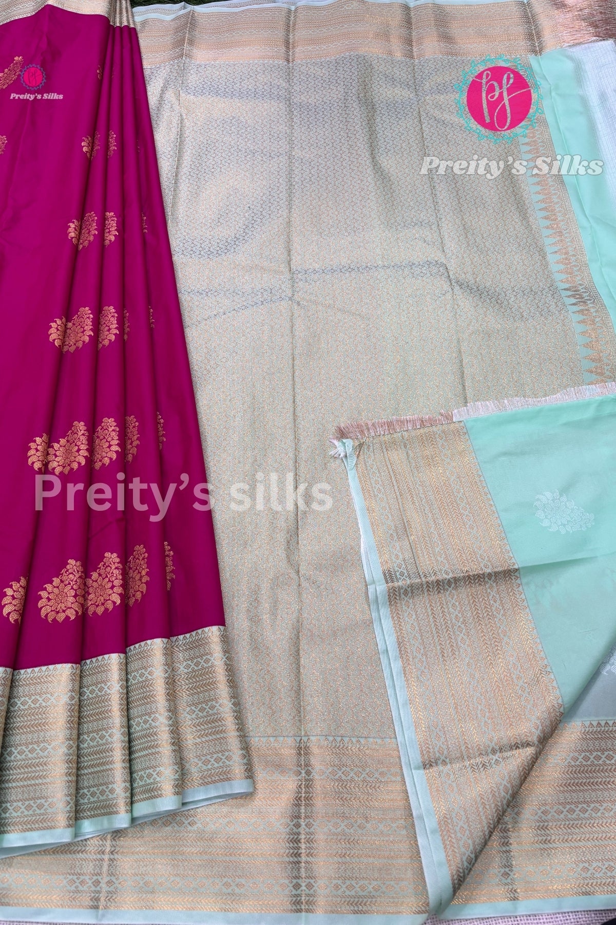 Semi Kanchipuram Silk Saree - Pink with Ligth Pista Green-PF53745