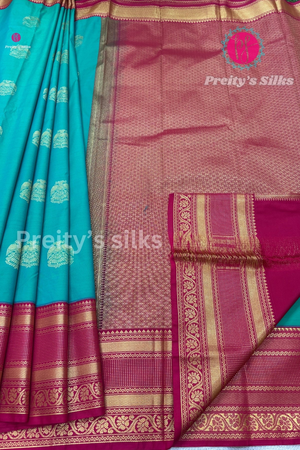 Semi Kanchipuram Silk Saree -Green with Pink-PF53718
