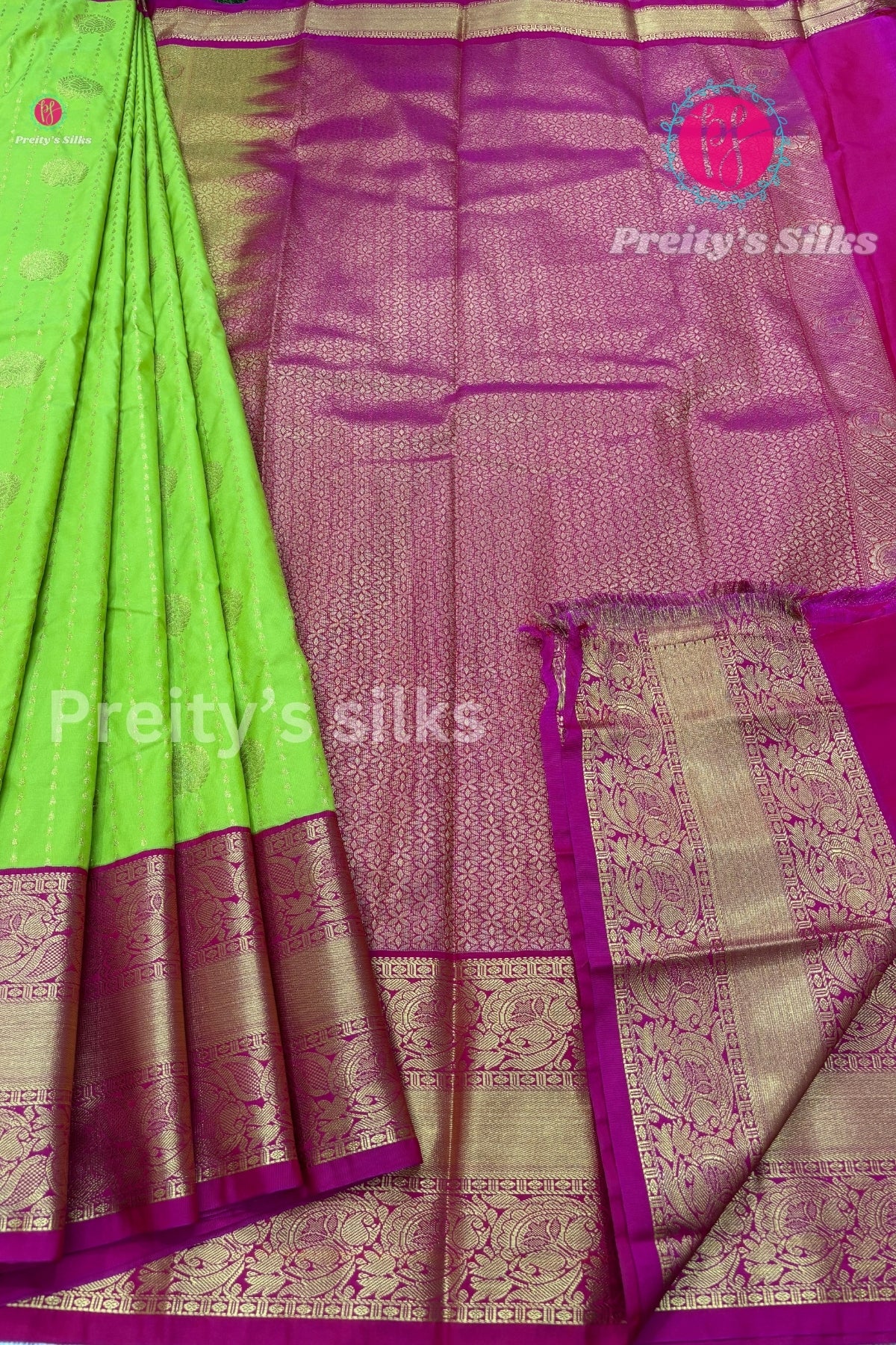 Semi Kanchipuram Silk Saree -Parrot Green with pink-PF53731