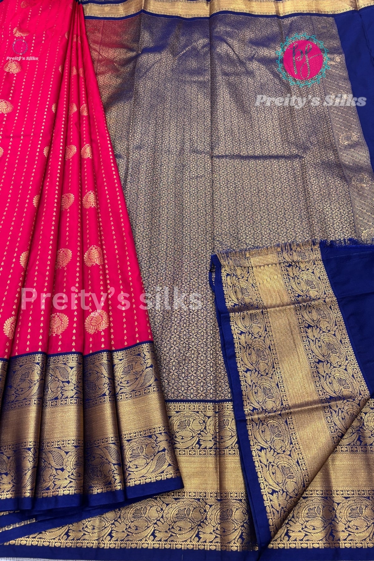 Semi Kanchipuram Silk Saree -Pink with Navy Blue-PF53720
