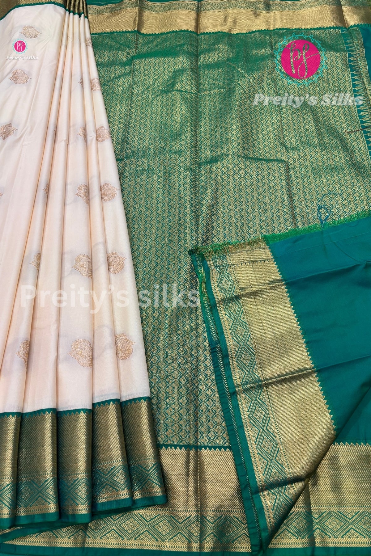 Semi Kanchipuram Silk Saree -Half white with Parrot Green-PF53747