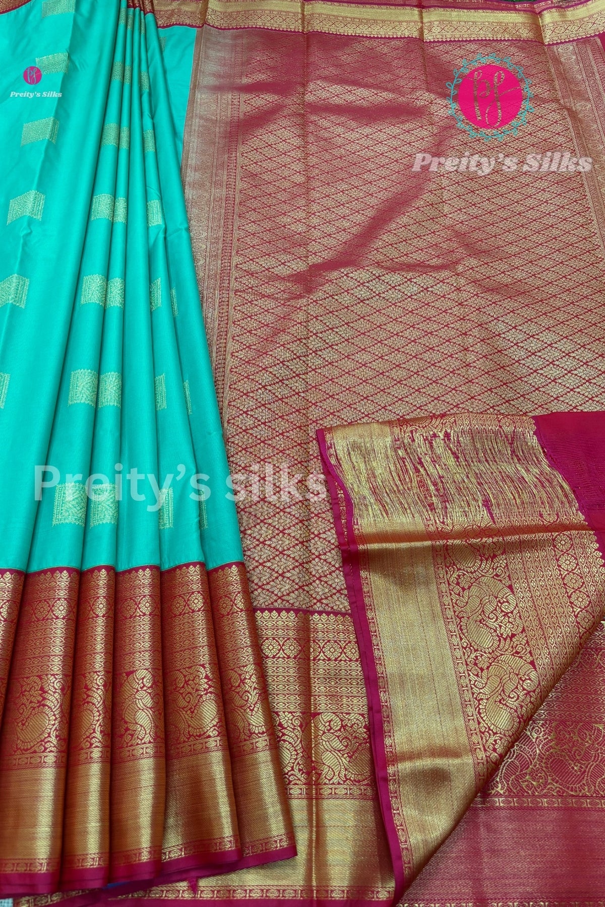 Semi Kanchipuram Silk Saree -Sea Green with Pink-PF53730