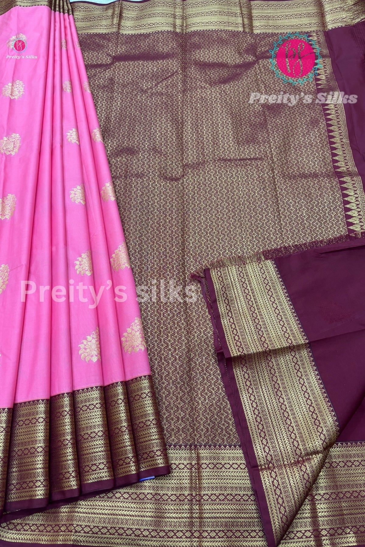 Semi Kanchipuram Silk Saree -Baby pink with Maroon-PF53719