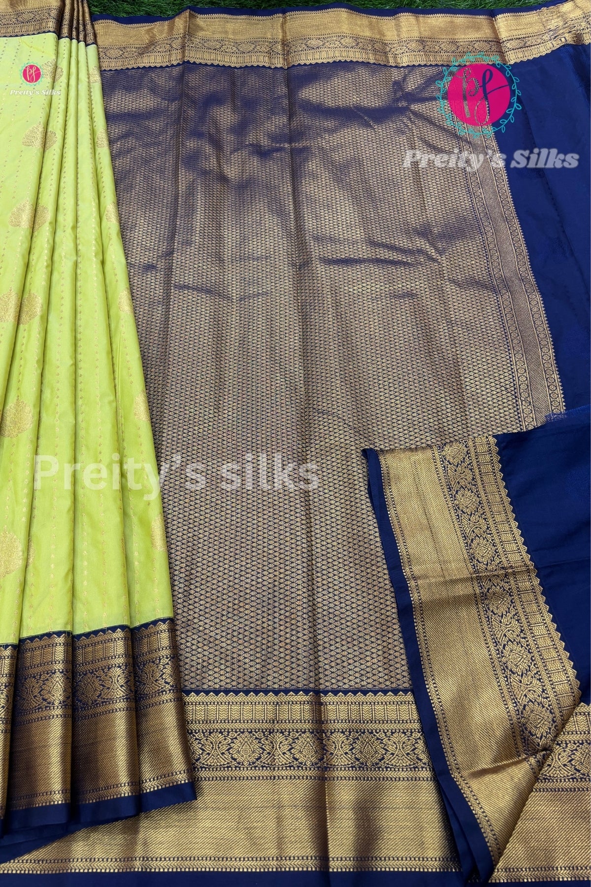 Semi Kanchipuram Silk Saree -Pista Green with Navy Blue-PF53722