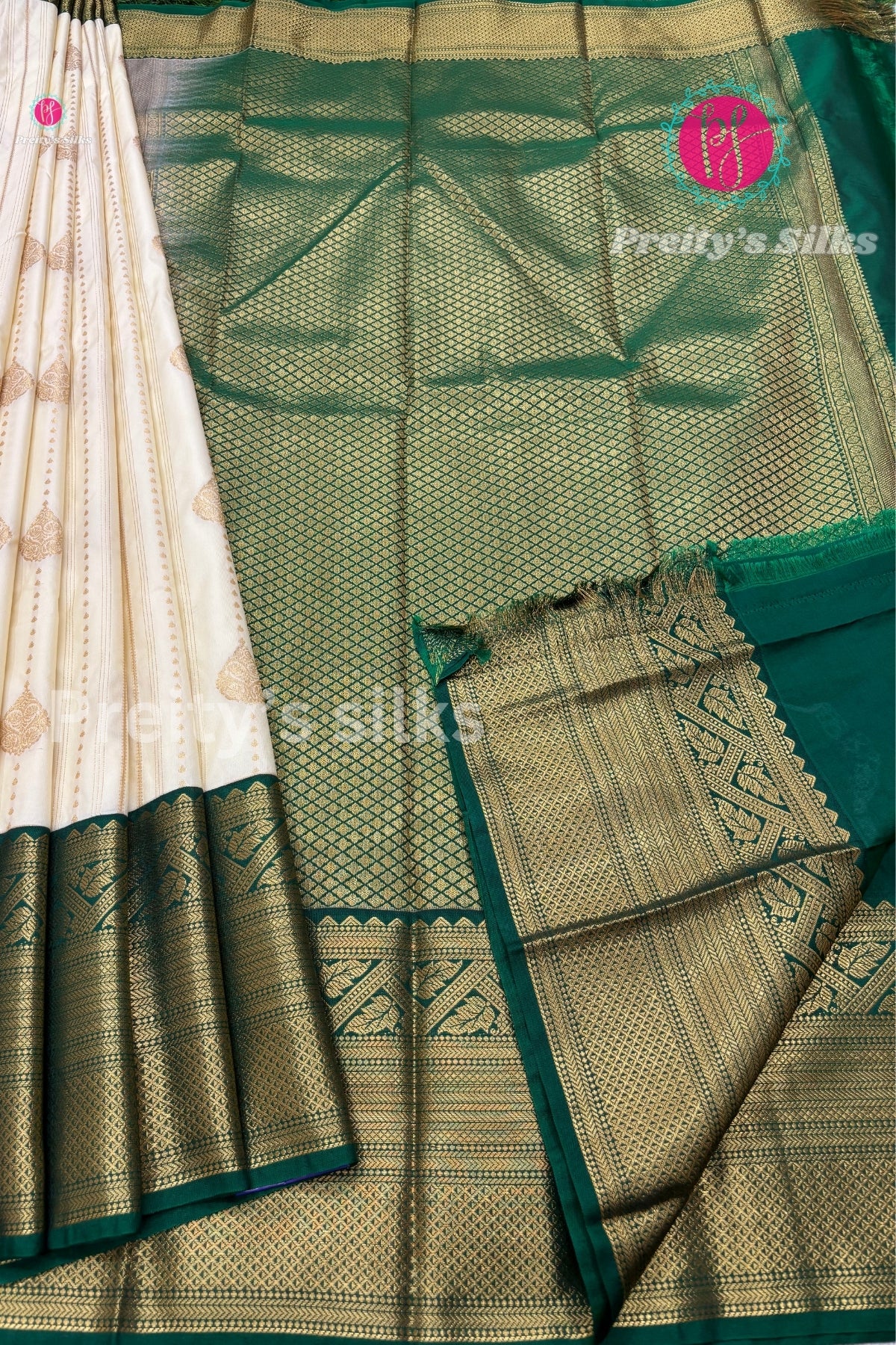 Semi Kanchipuram Silk Saree -Cream with Green -PF53729