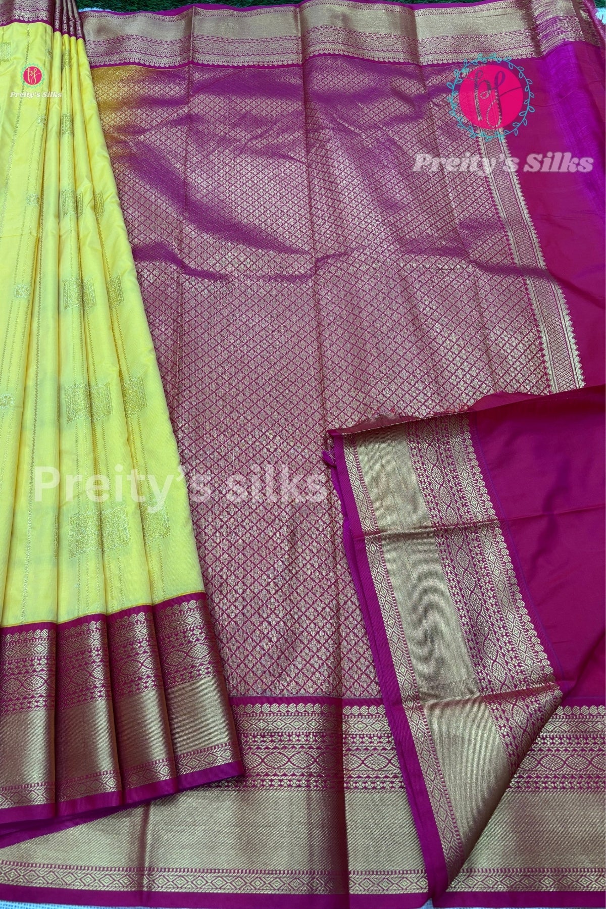 Semi Kanchipuram Silk Saree -Light Yellow with Pink -PF53738