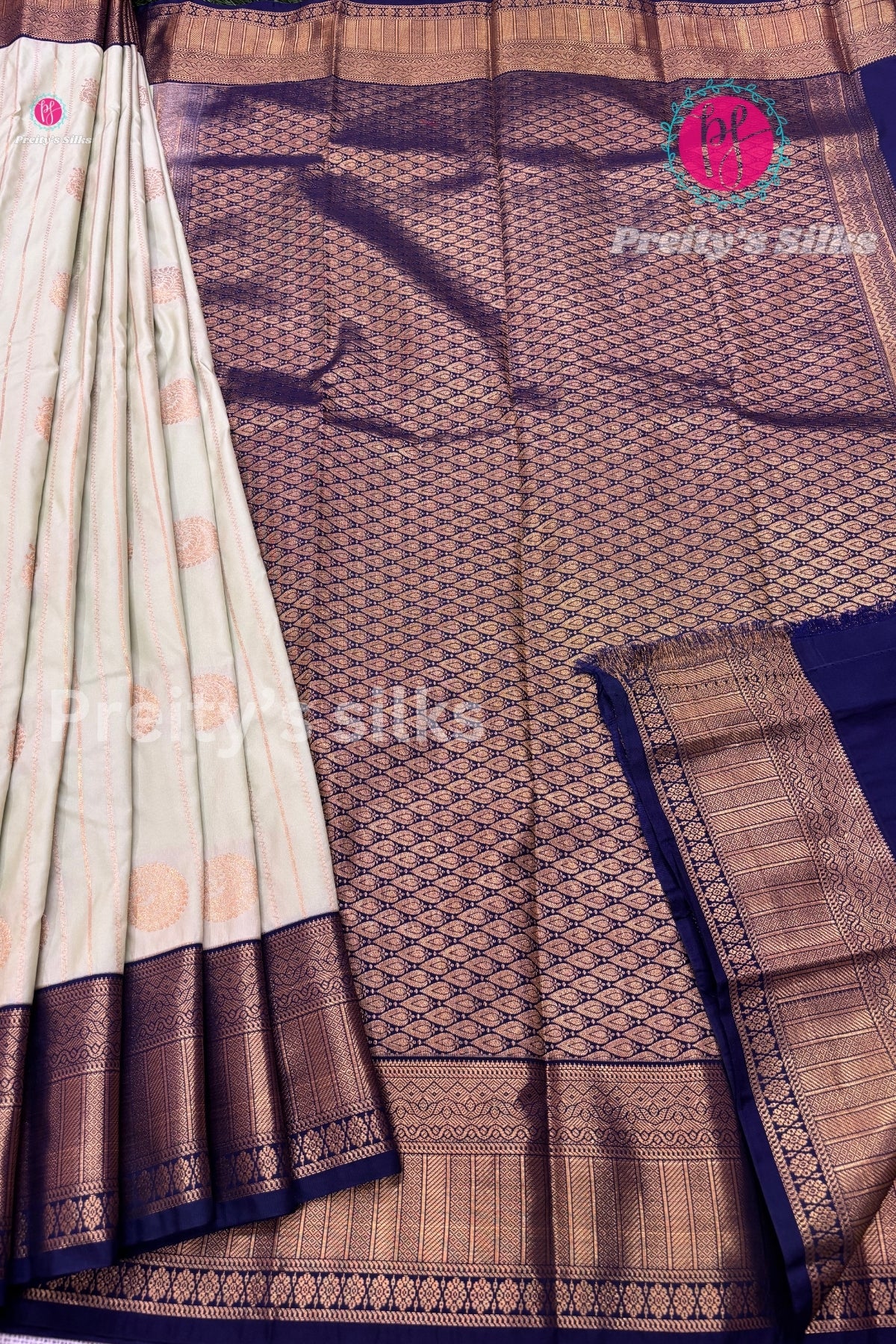 Semi Kanchipuram Silk Saree -Greyish Cream with Navy Blue-PF53737