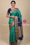 Semi Kanchipuram Silk Saree -Peacock Green with Navy Blue-PF53740