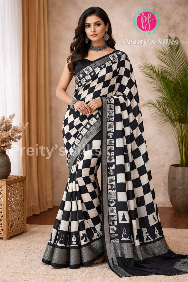 Semi Crepe Silk Saree-  Black and Cream- PF74934