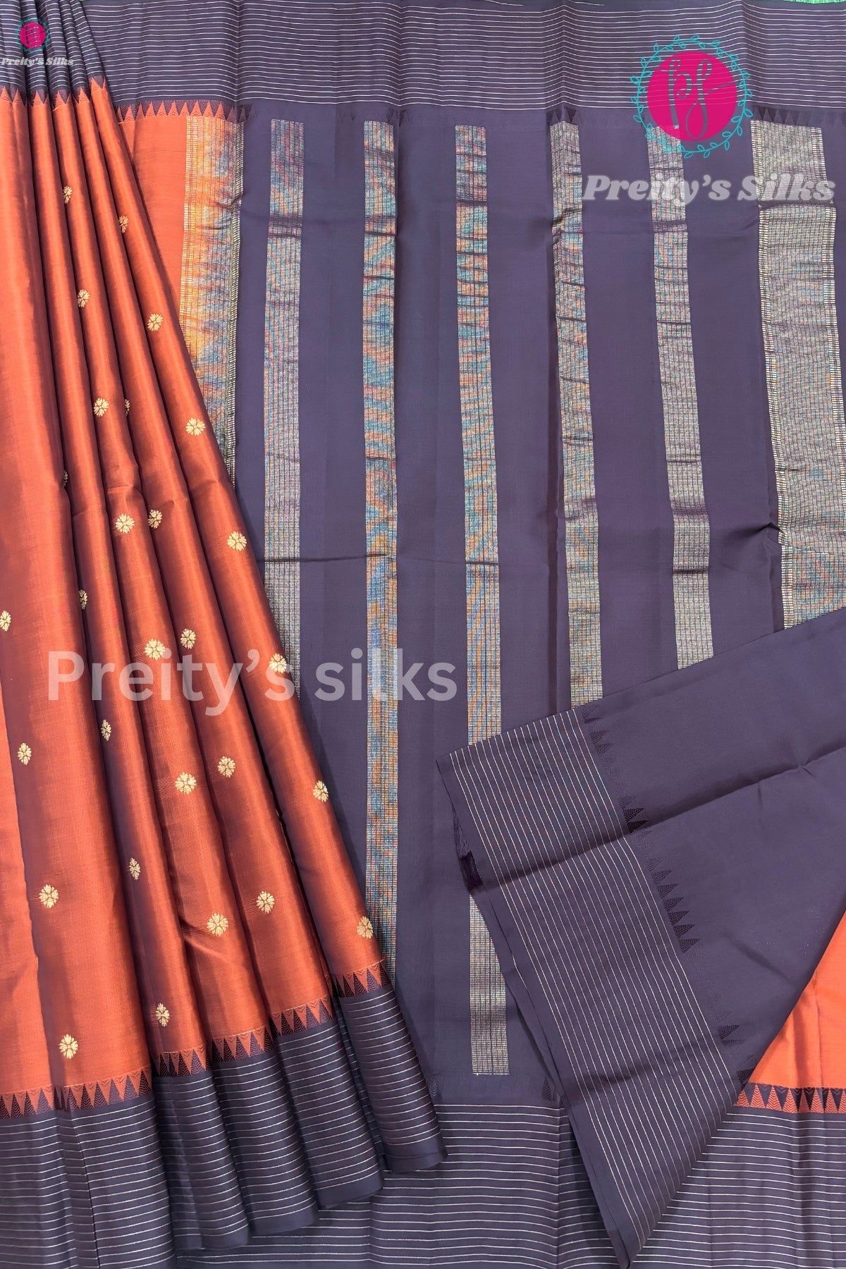 Half Pure Kanchipuram Silk Saree - Rust Orange with Deep Brown- PF47154