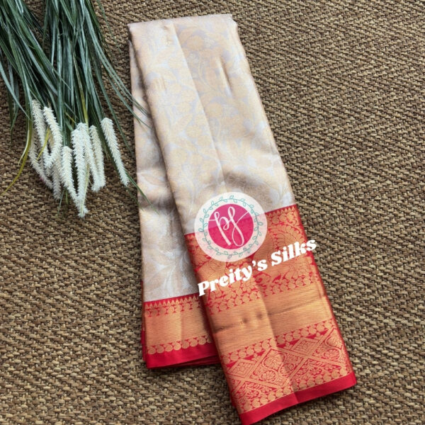 Semi Tissue Kanchipuram-Half white with Red -PY49490