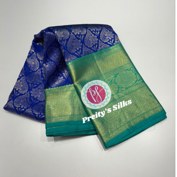 Pure Handloom Kanjeevaram Silk Saree -Royal Blue with Sea green- PY40974