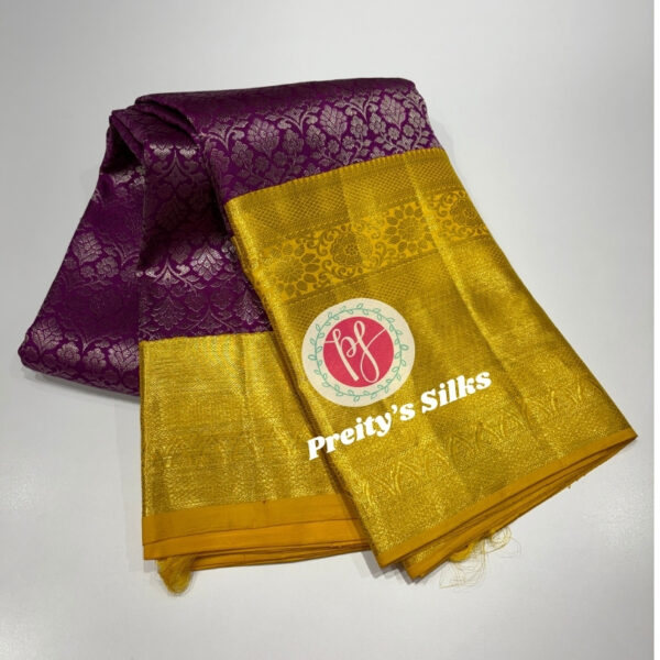 Pure Handloom Kanjeevaram Silk Saree – Deep purple with yellow – PY07272