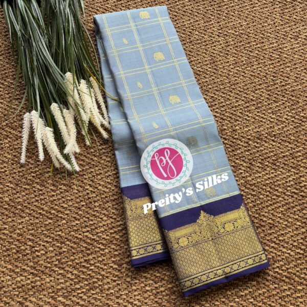 Pure Handloom Kanchipuram Silk -Grey with Navy Blue -PY49027